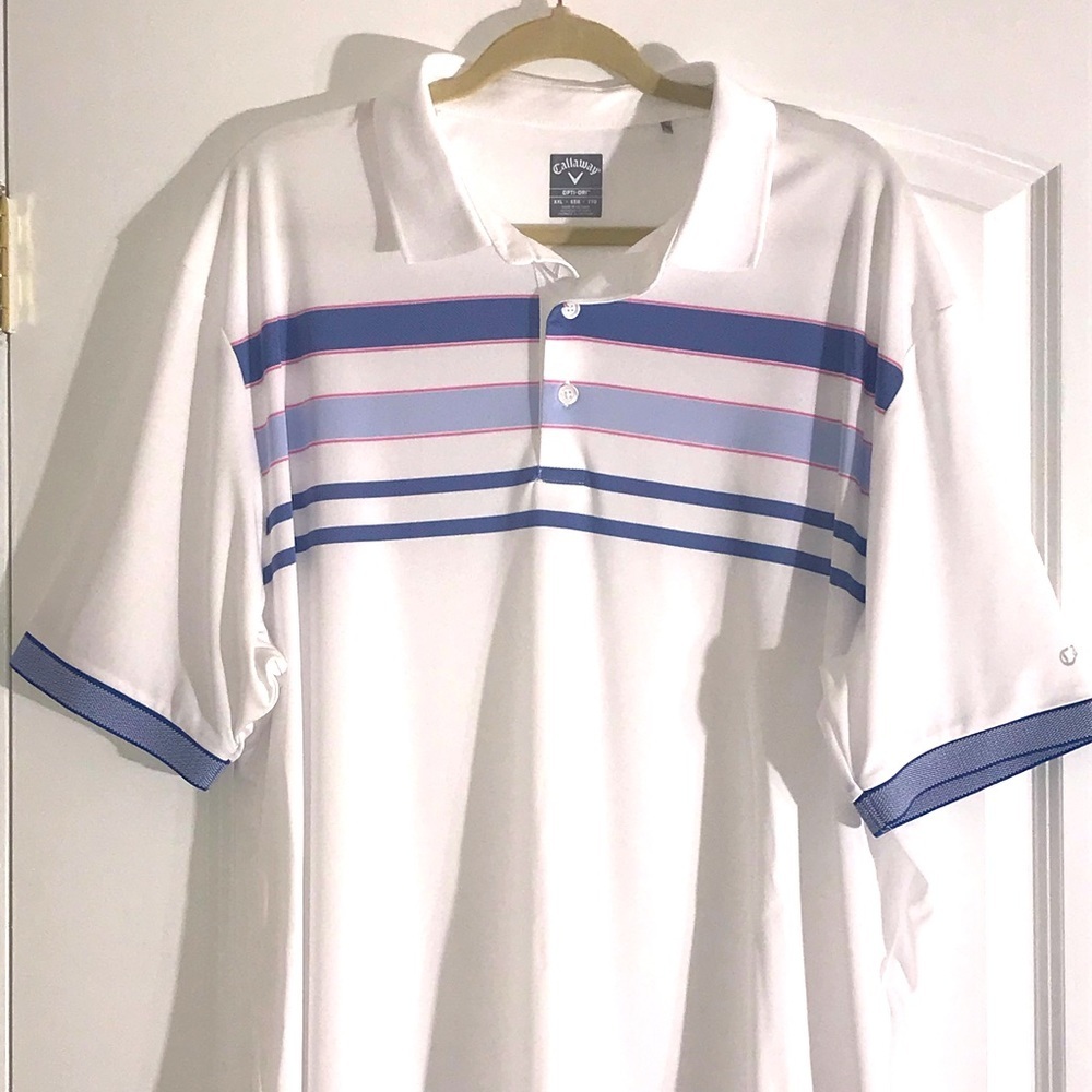 Men’s Callaway White, blue & pink size XXL Opti-Dri golf shirt